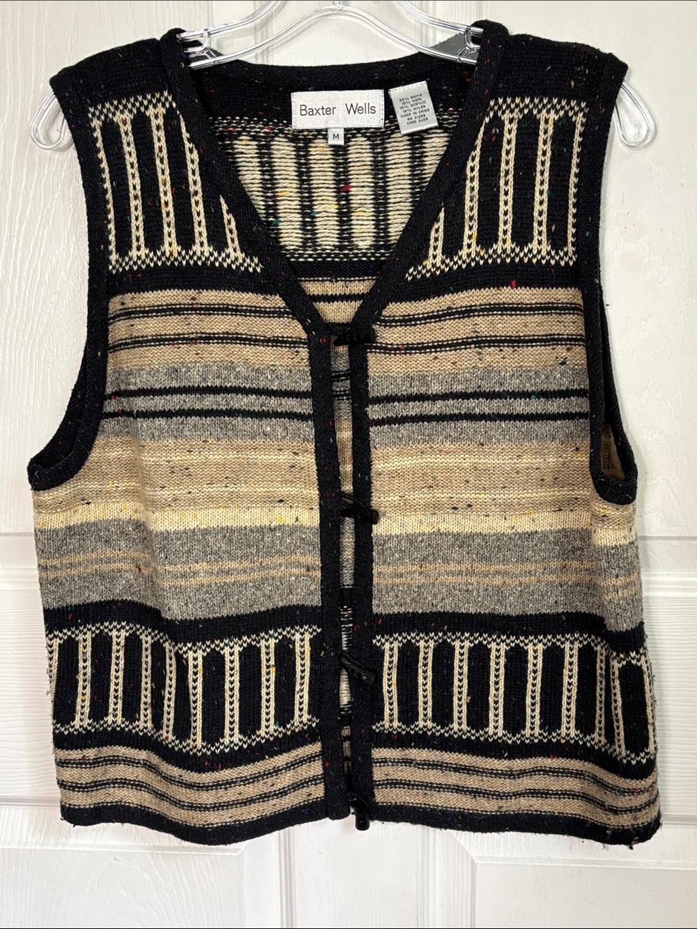 Vintage Baxter Wells Knit Ramie Wool Blend  Vest Black Cream tapestry Sz Medium